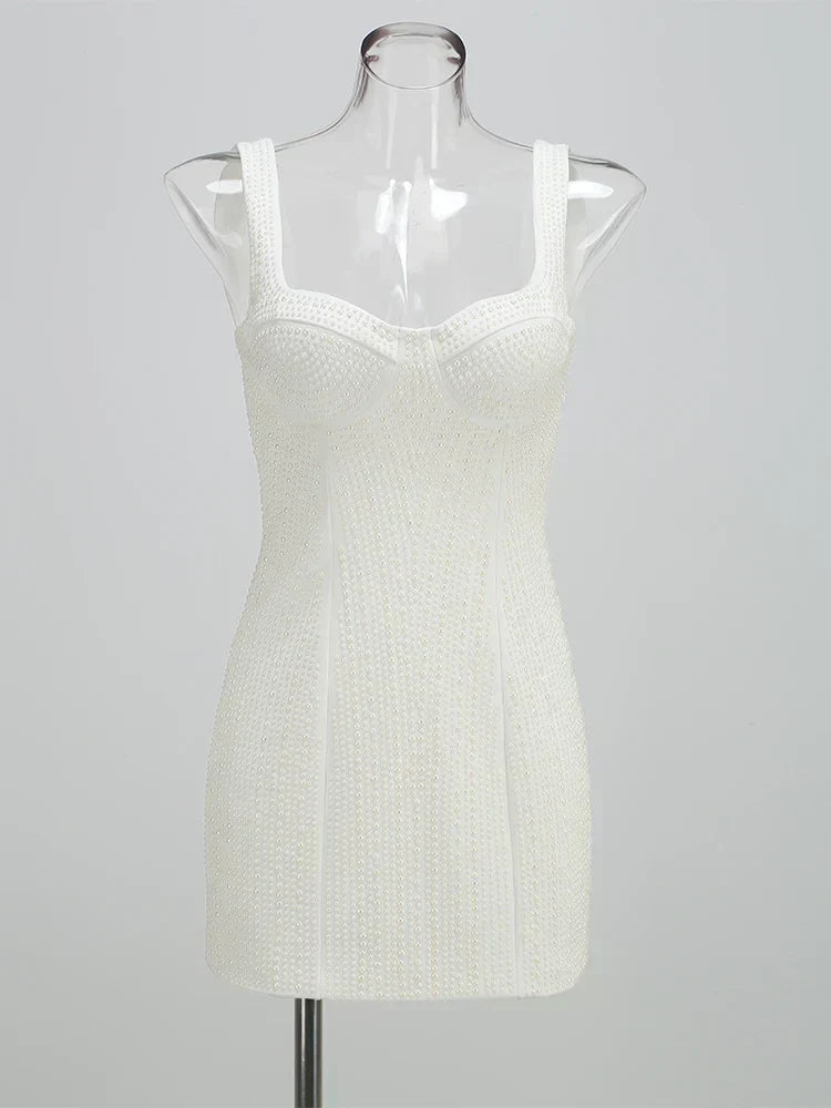 White Spaghetti Strap Diamonds Mini Dress - View 10