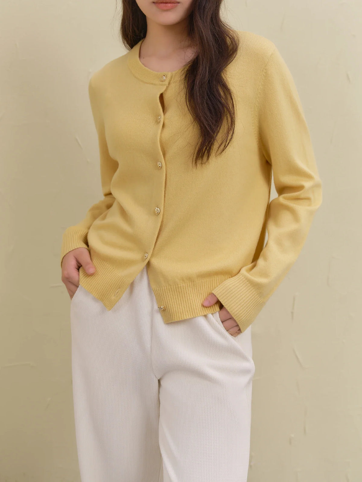Wool Short Yellow Round Neck Cardigan