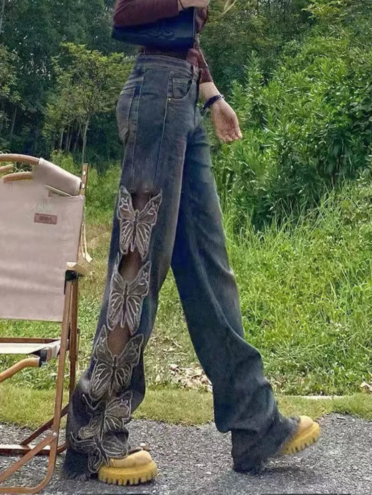 Fashion Vintage Butterfly Hollow Out Jeans