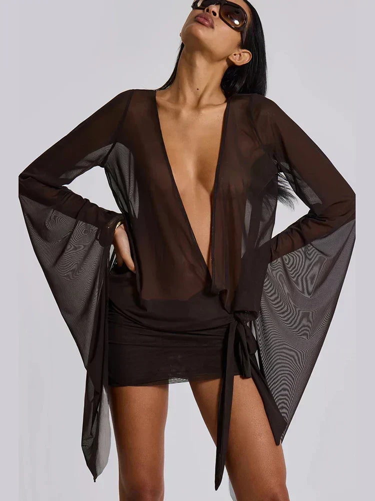 Mesh Irregular Bandage Low Neck Mini Dress - View 5