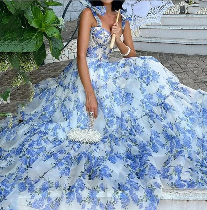 Floral Bustier Bow Strap Tiered Ruffle Organza Maxi Gown