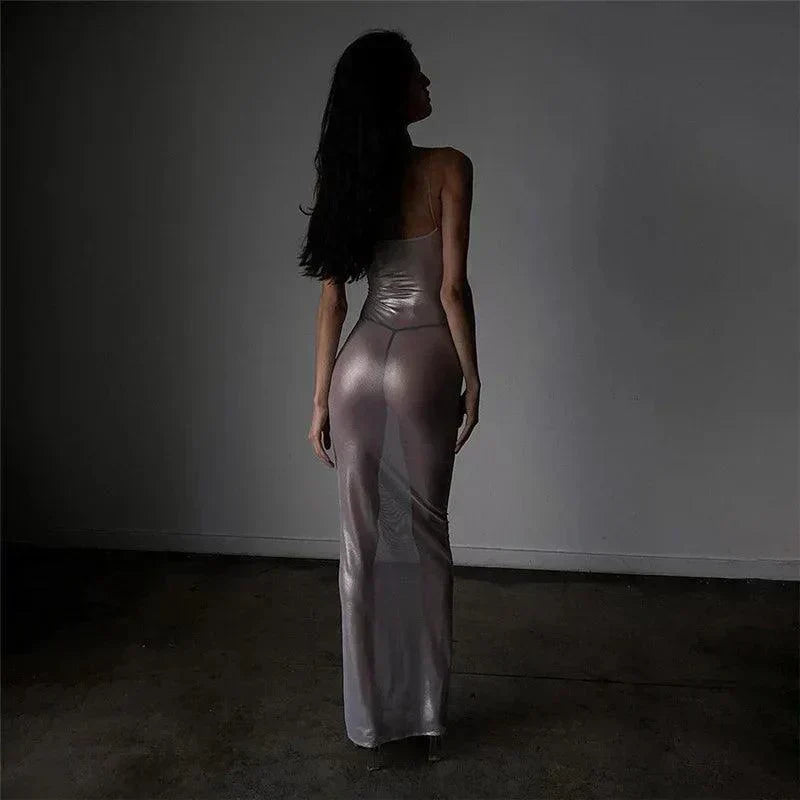 Mesh Metallic Sheer Spaghetti Strap Square Neck Bodycon Maxi Dress - View 5