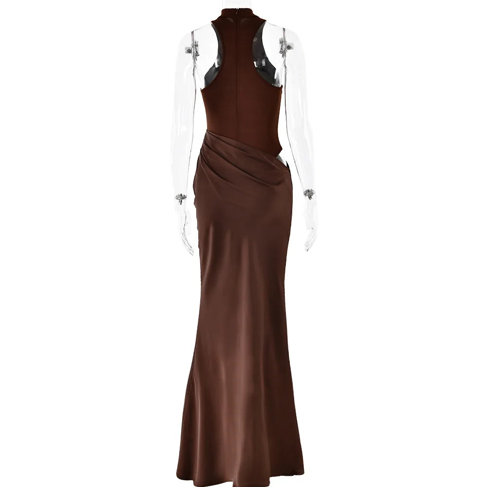 Halter Neck Sleeveless Ribbed Bodice Draped Waist Satin Maxi Gown - View 23