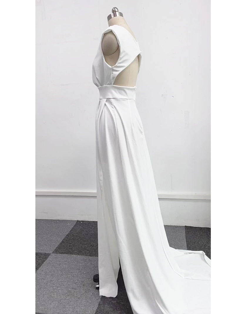 Off Shoulder Deep V-Neck Wrap Bodice Pleated High Split Maxi Gown - View 7