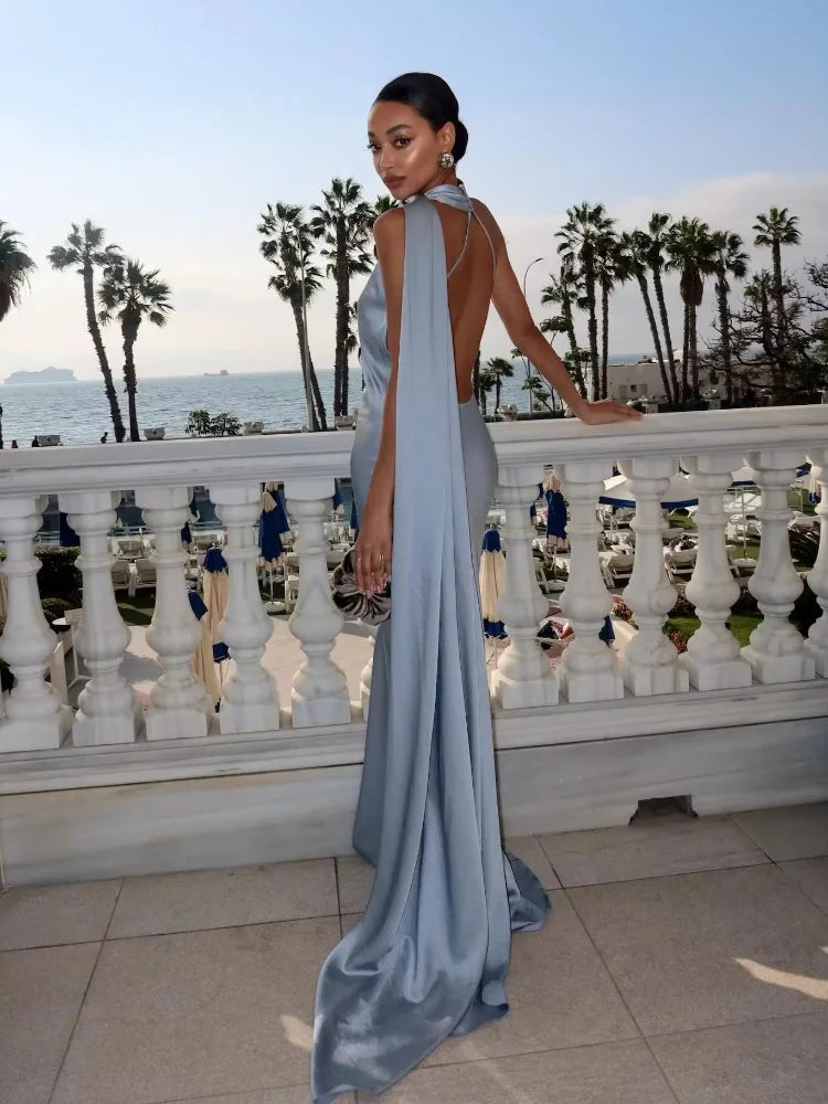 Satin Scarf Collar Halter Maxi Dress