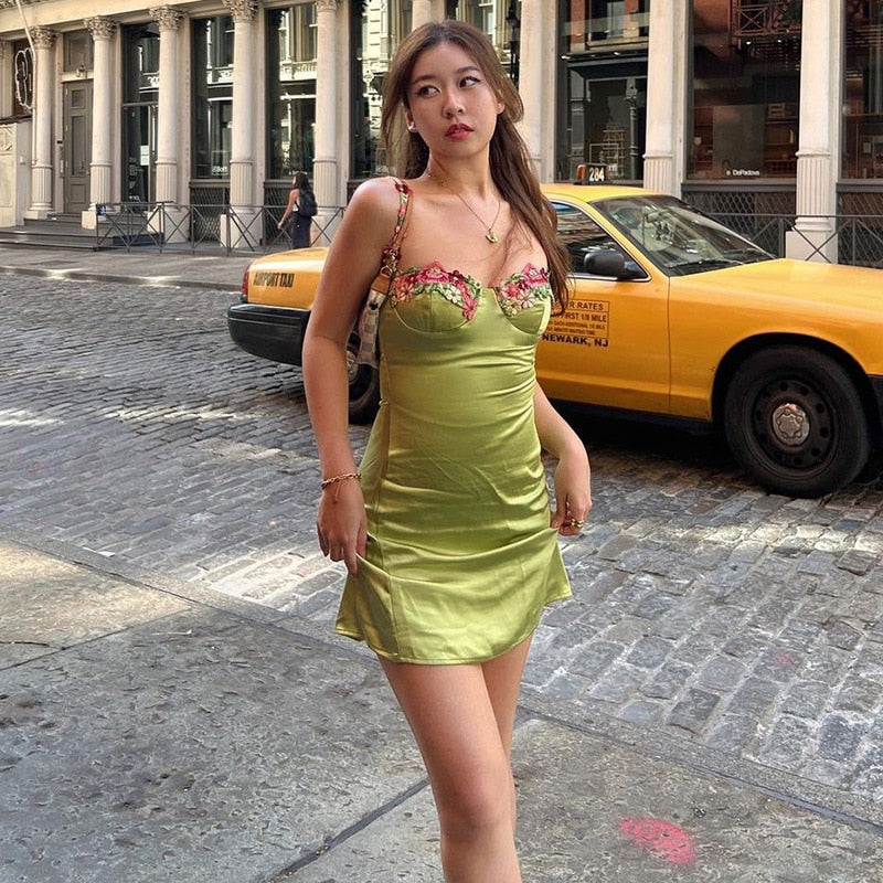 Satin Floral Embroidered Corset Ruched Bodycon Mini Dress 6