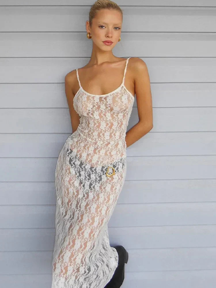 Floral Lace Spaghetti Strap Sheer Slip Midi Dress - View 6