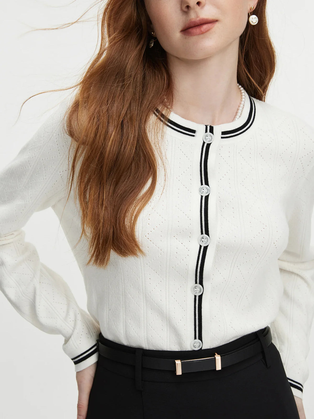 Contrast Color Round Neck Knit Cardigan