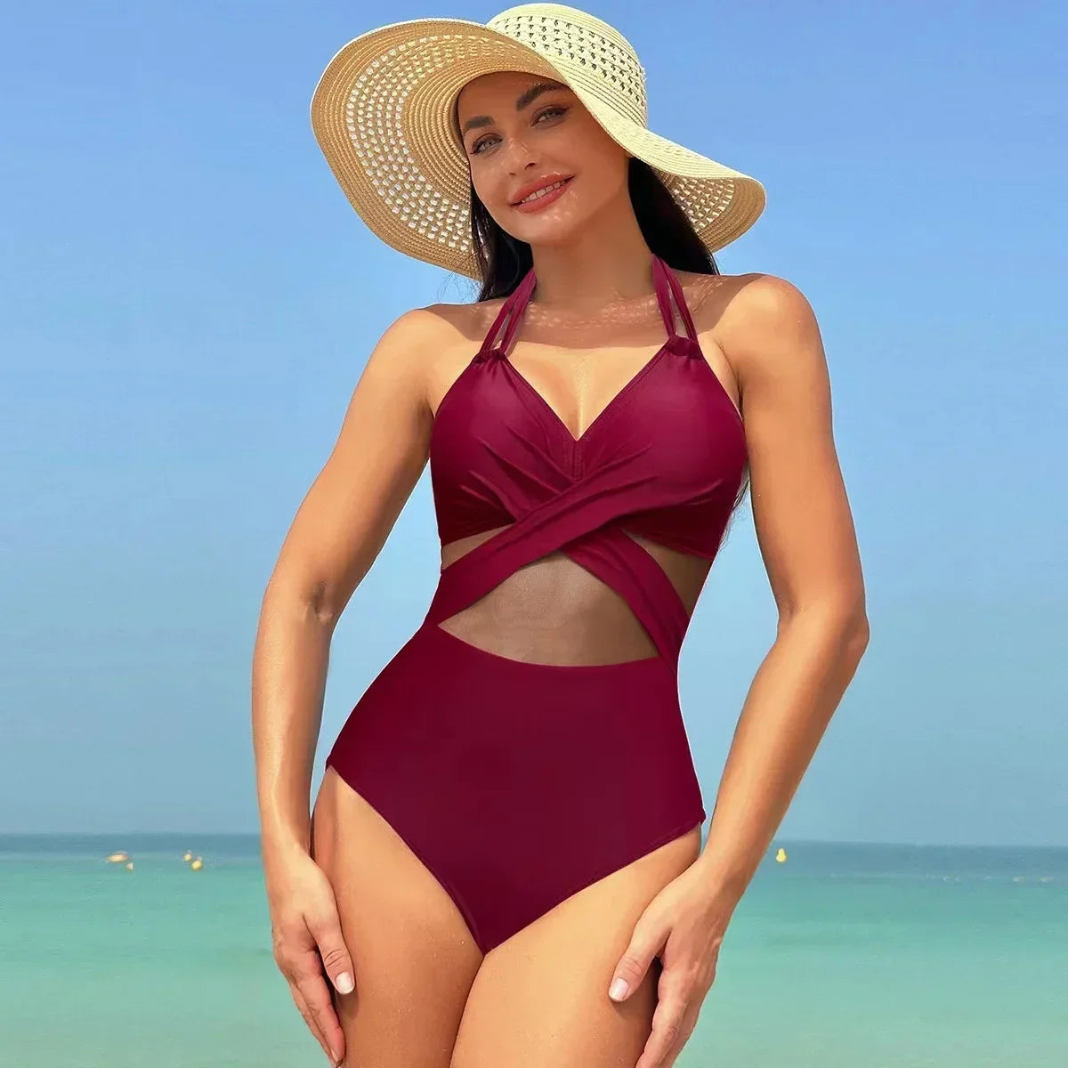 Solid Mesh V-neck One Piece Set