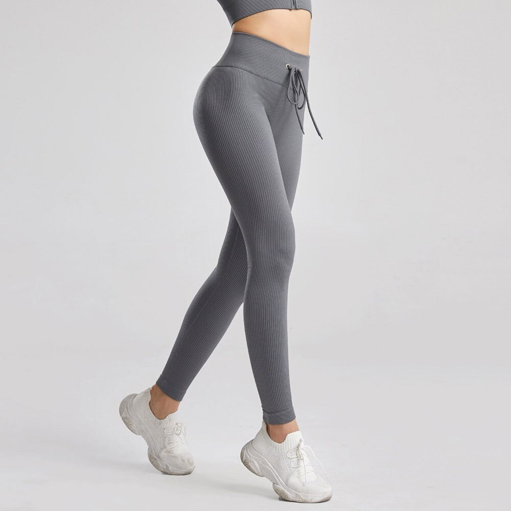 KittenAlarm - Mojoyce Ribbed Yoga Pants Women Seamless Push Up Sport Leggings Fitness Pants Tights Gym Workout Drawstring Scrunch Legging