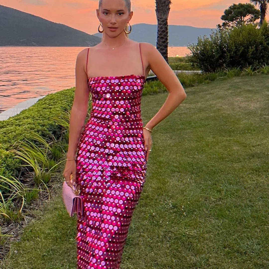 Paillette Sequin Square Neck Spaghetti Strap Bodycon Midi Dress