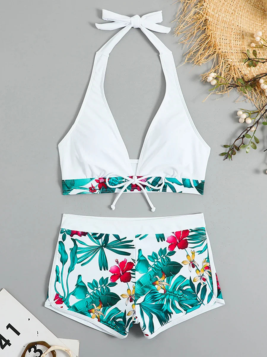 Leaf Print Knot Front Halter Two Piece Set