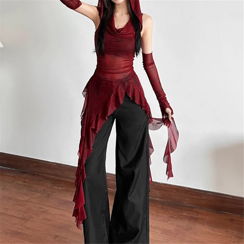 Cyber Grunge Mesh See Through Hooded Sheer Top