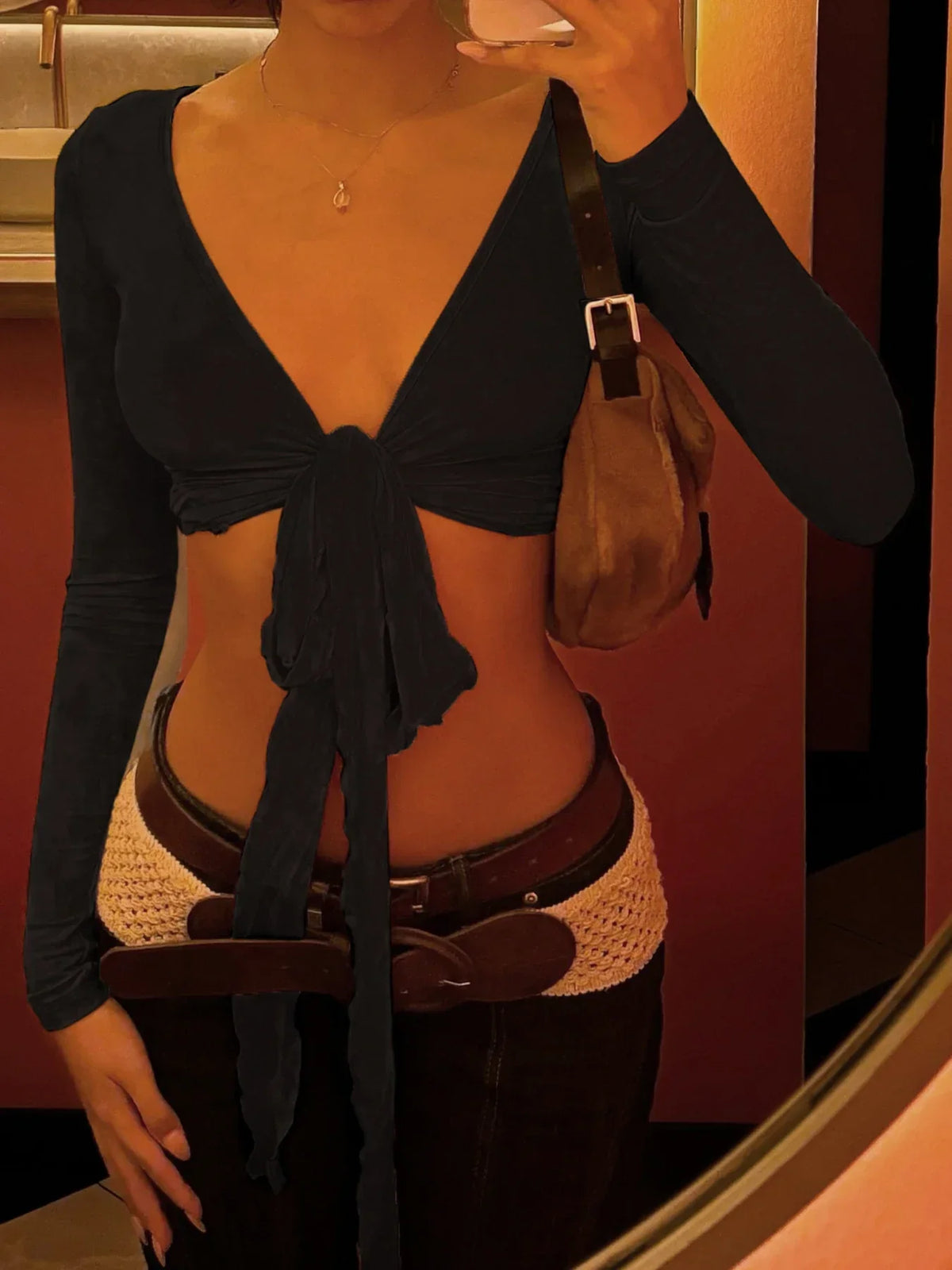 Solid Slim Lace Up Sheer Top