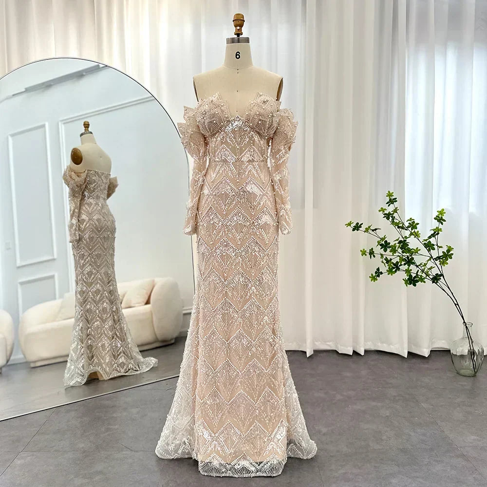 Beaded Off Shoulder Long Sleeve Mermaid Maxi Gown - View 3