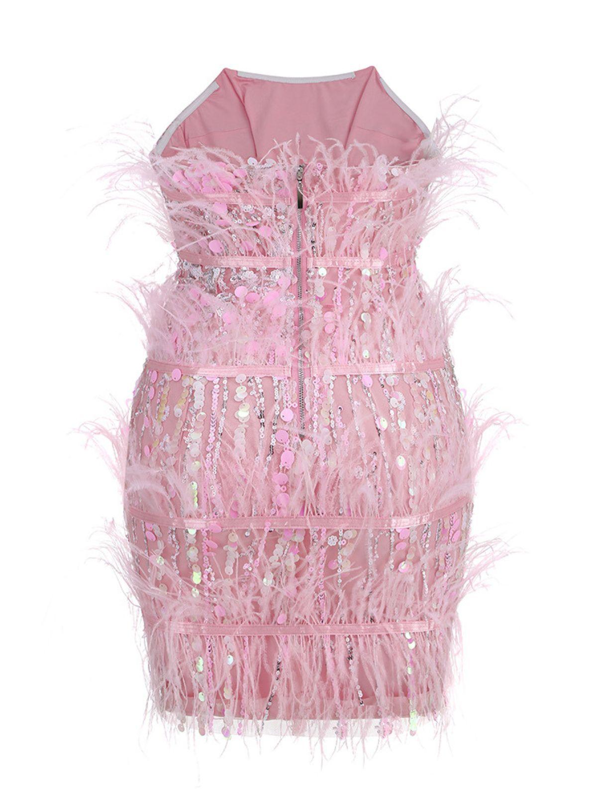 Senara Strapless Sequin Feather Mini Dress