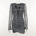 Sequin Plunge Long Sleeve Ruched Bodycon Mini Dress 20