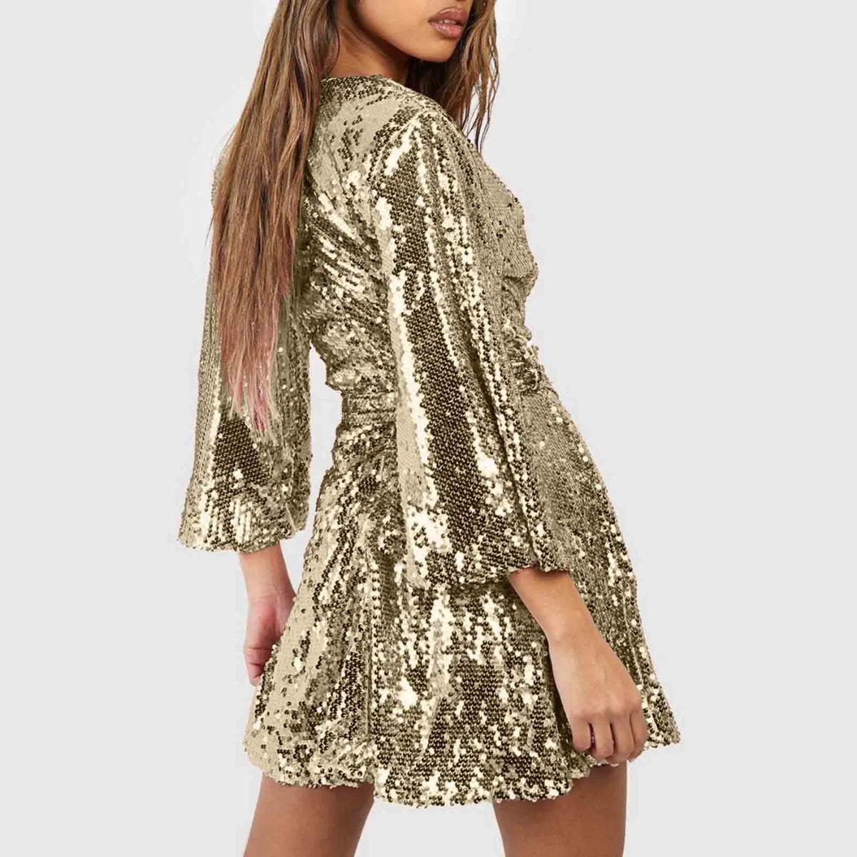 Sequin Plunge Bell-Sleeve Fit-and-Flare Mini Dress 2