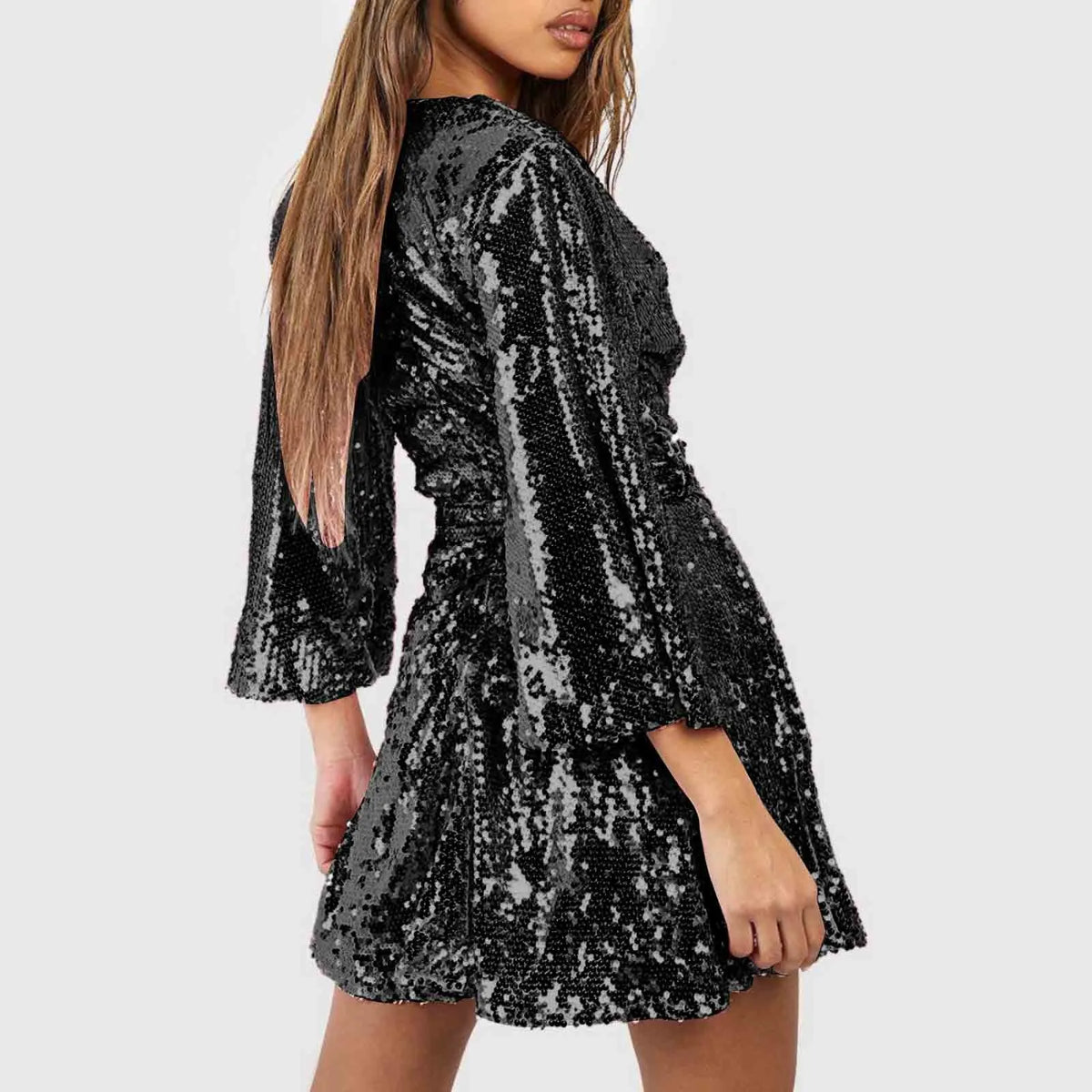 Sequin Plunge Bell-Sleeve Fit-and-Flare Mini Dress 4
