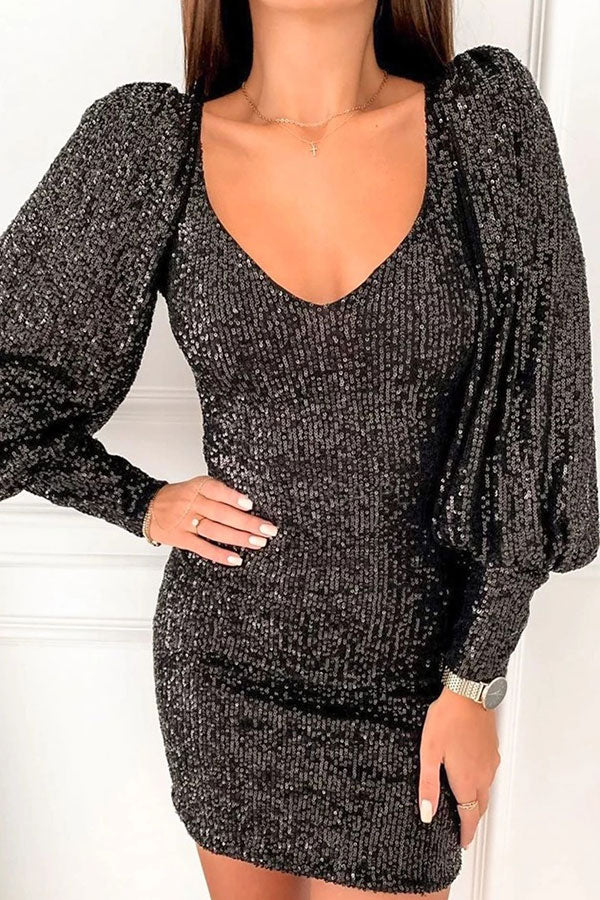 Sparkly V-neck Sequin Party Dress - Mislish