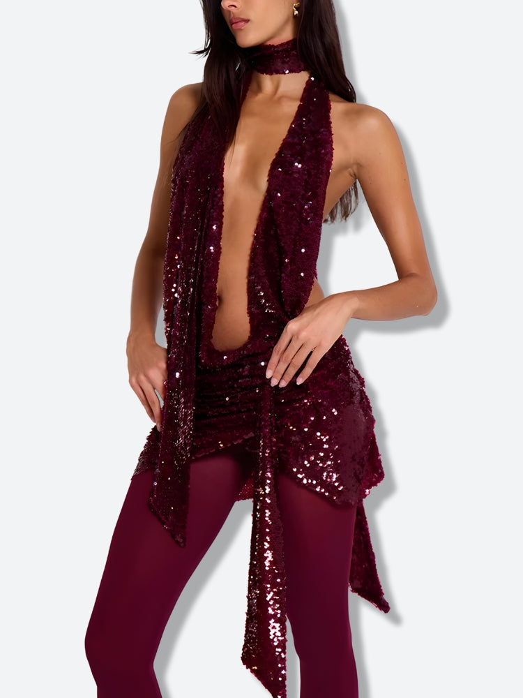 Sequin Halter Neck Backless Mini Dress