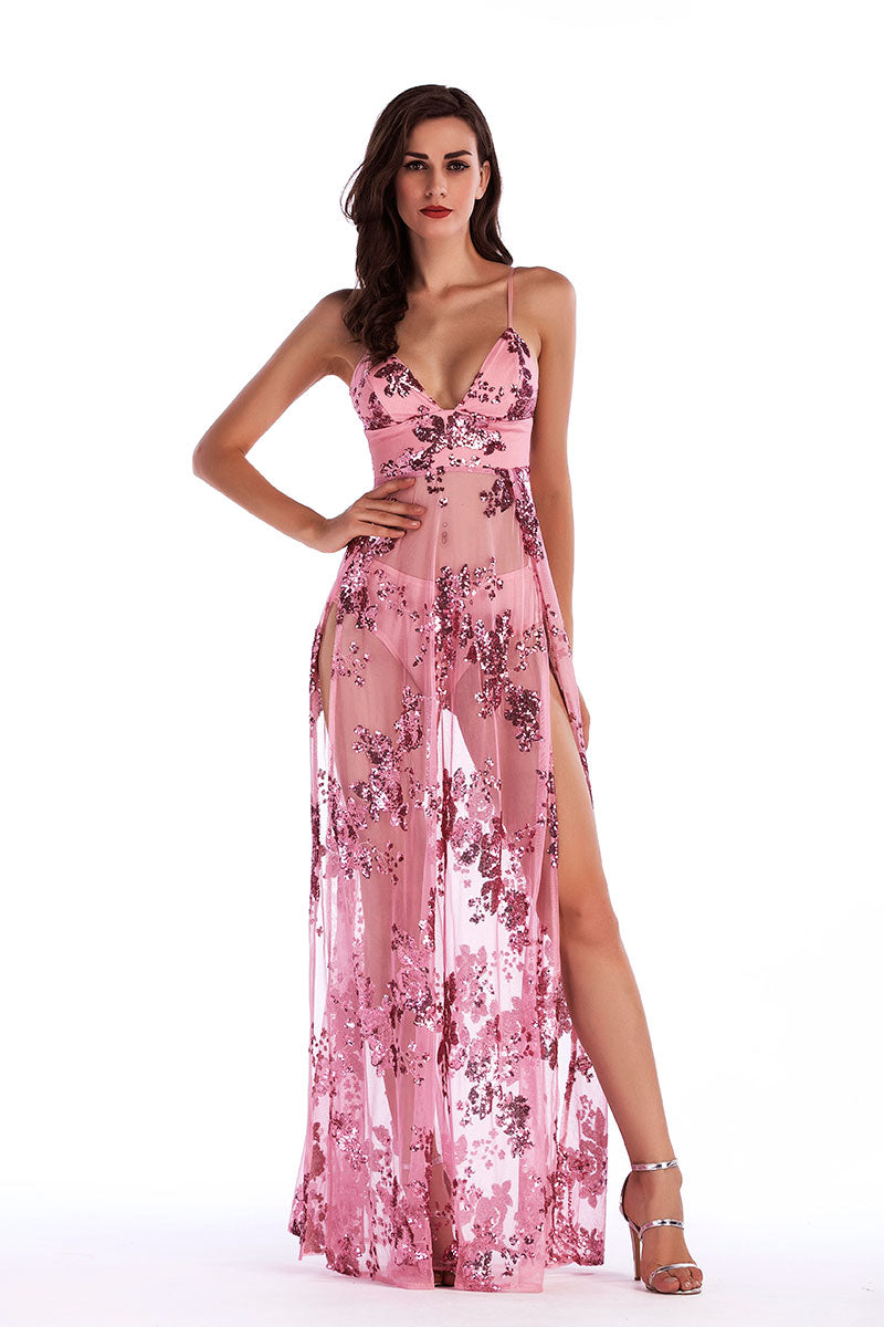 Sequined Deep V Neck Slit See Through Long Dress - Mislish