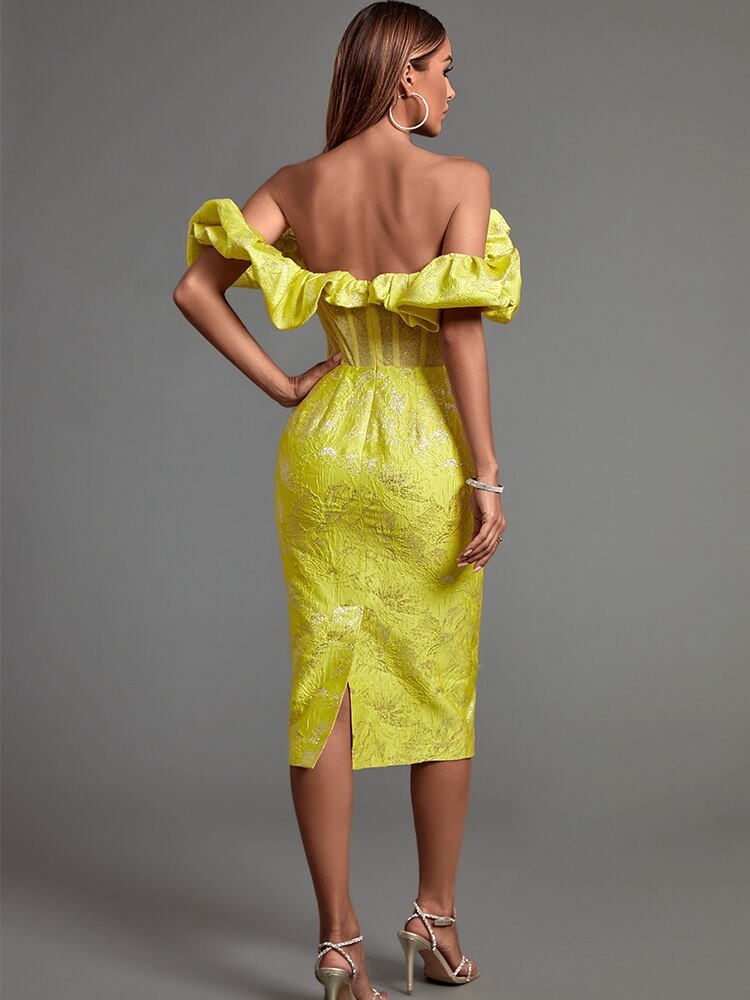Jacquard Off-Shoulder Ruffle Corset Bodycon Midi Dress 6