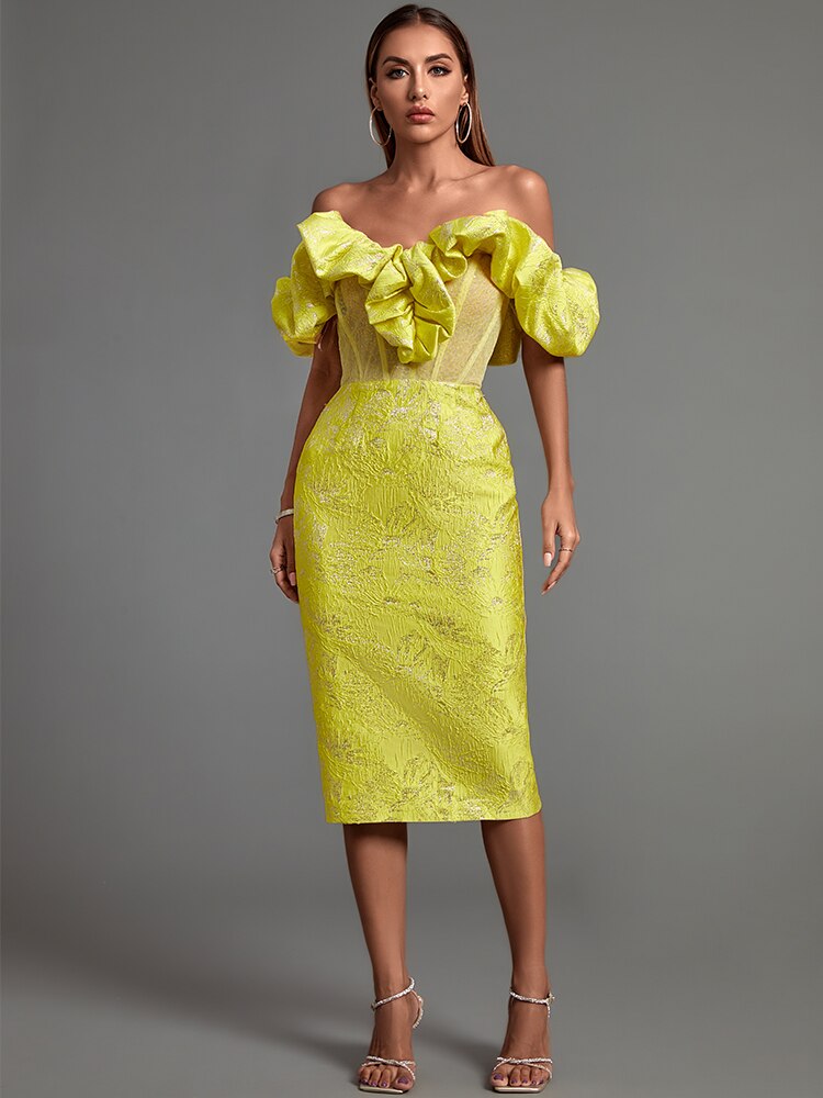 Jacquard Off-Shoulder Ruffle Corset Bodycon Midi Dress 2