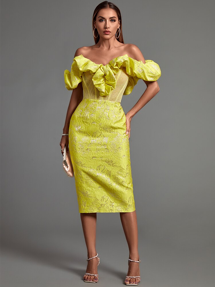 Jacquard Off-Shoulder Ruffle Corset Bodycon Midi Dress 3