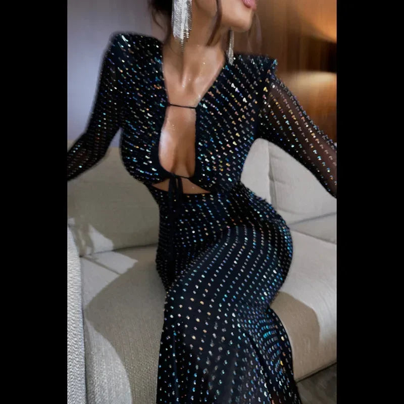 Rhinestone Long-Sleeve Keyhole Cut-Out Bodycon Midi Dress 4