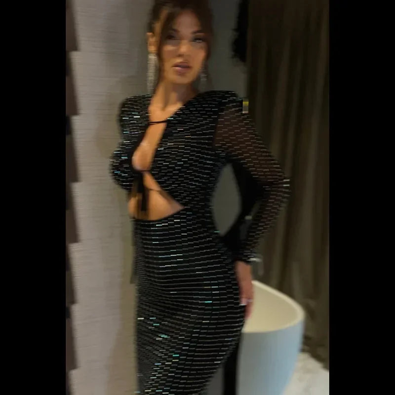 Rhinestone Long-Sleeve Keyhole Cut-Out Bodycon Midi Dress 3