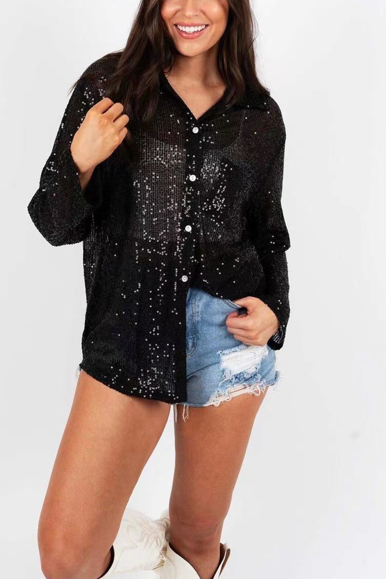 Sequins Lapel Long Sleeve Blouse - Fashionpara