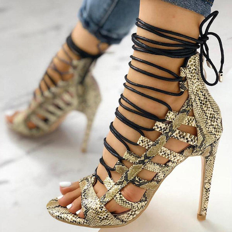 Serpentine Pointed Stiletto High Heel Lace-up Sandals - Mislish
