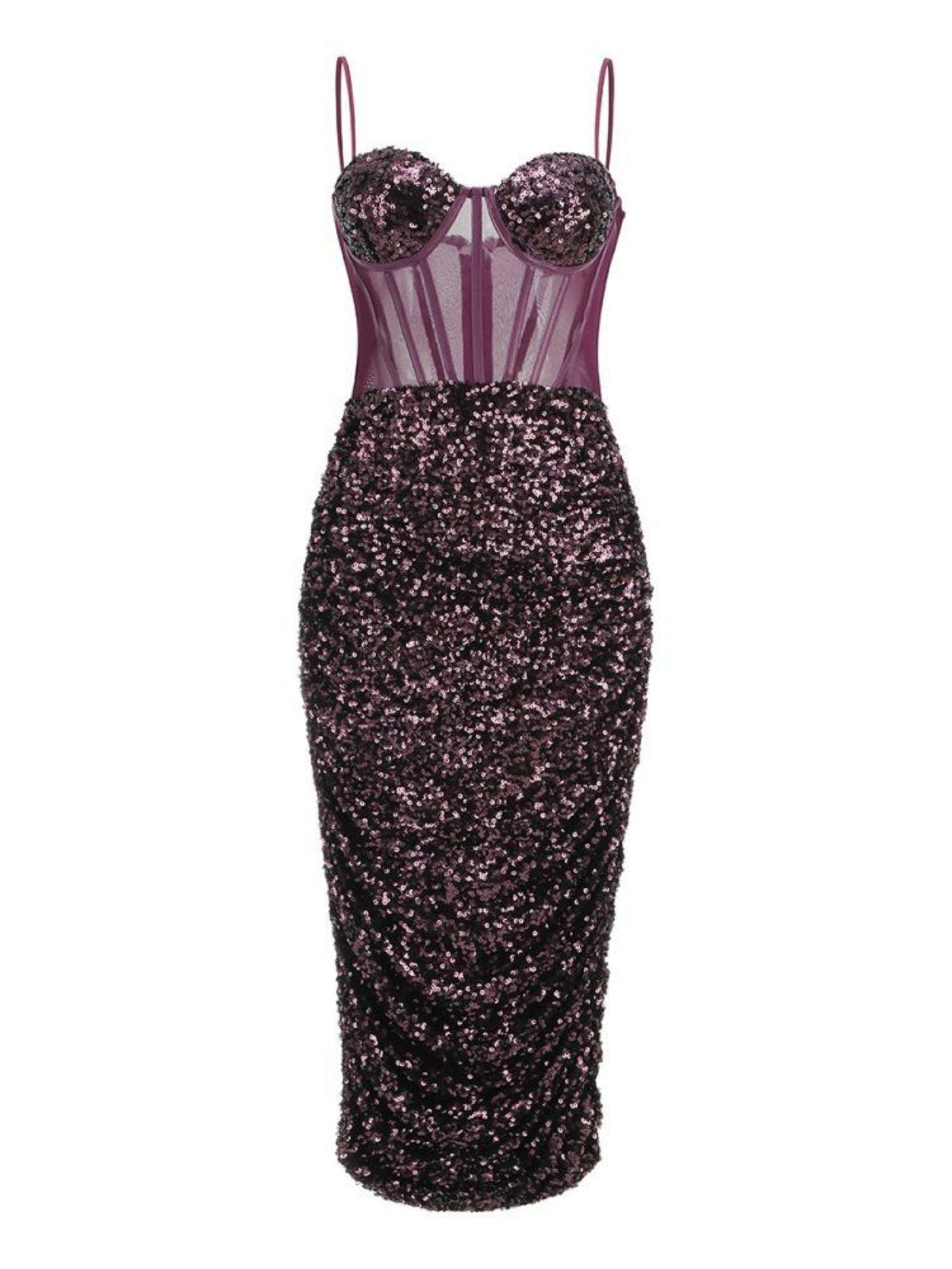 Spaghetti Strap Sequin Corset Ruched Bodycon Midi Dress - View 6