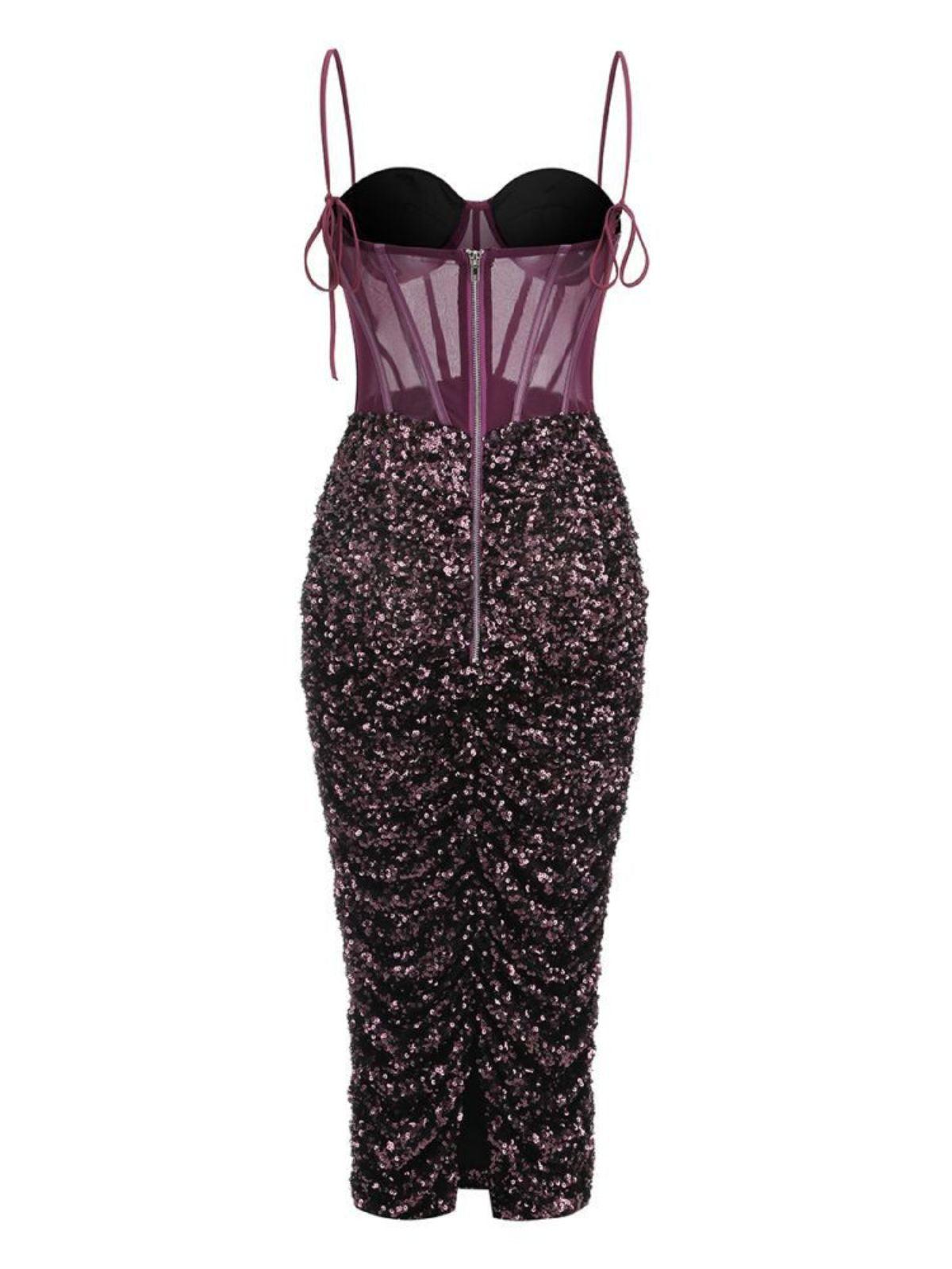 Spaghetti Strap Sequin Corset Ruched Bodycon Midi Dress - View 7