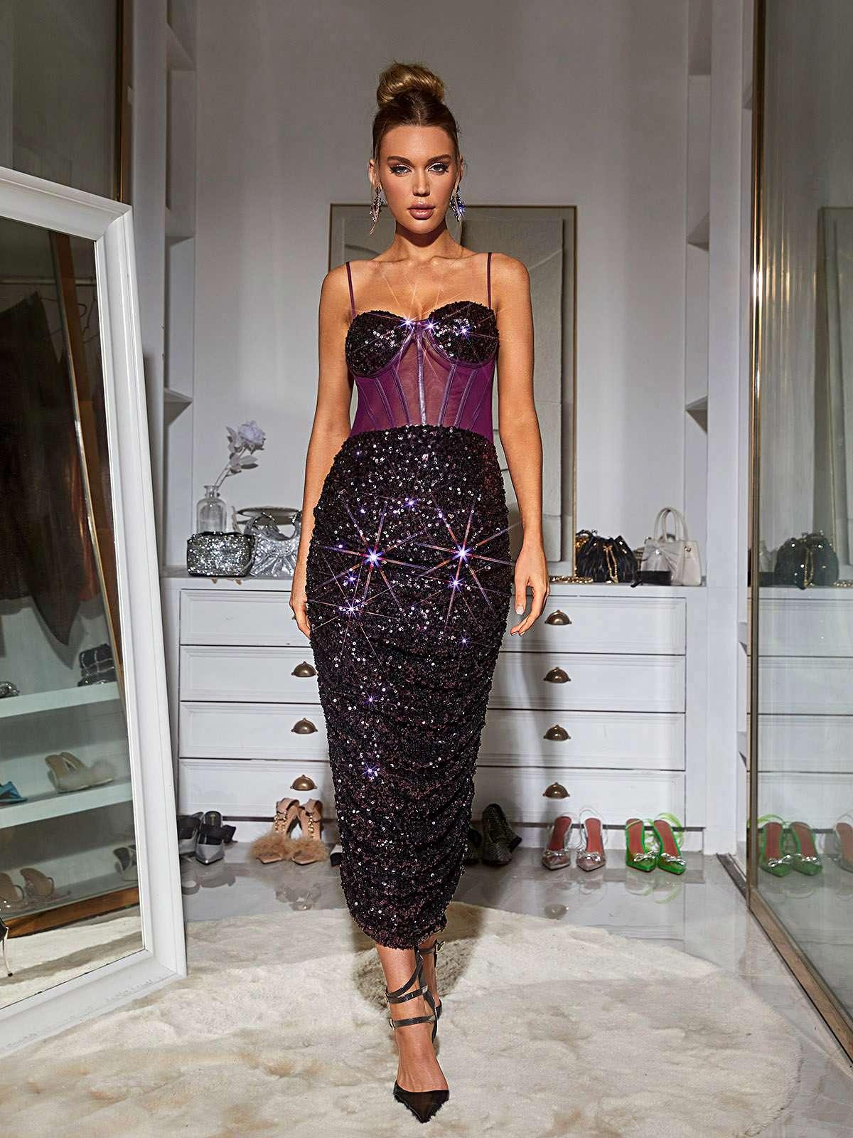 Spaghetti Strap Sequin Corset Ruched Bodycon Midi Dress - View 4