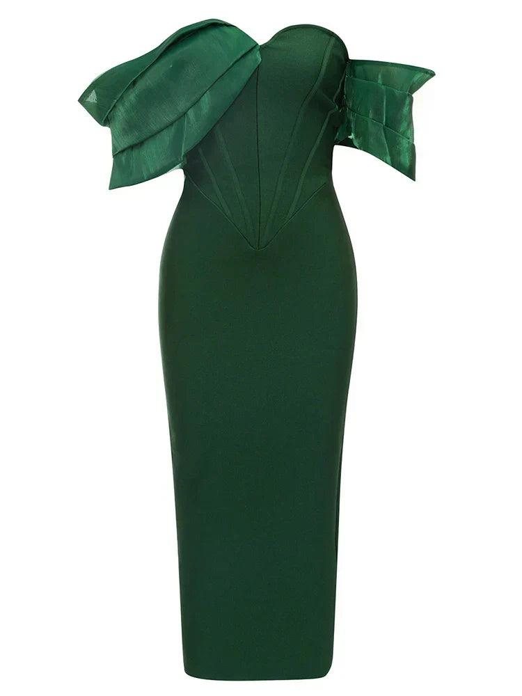 Sexy Asymmetric Sleeves Off Shoulder Bandage Green Slash Neck Christmas Party Dress / Xs Dresses-L