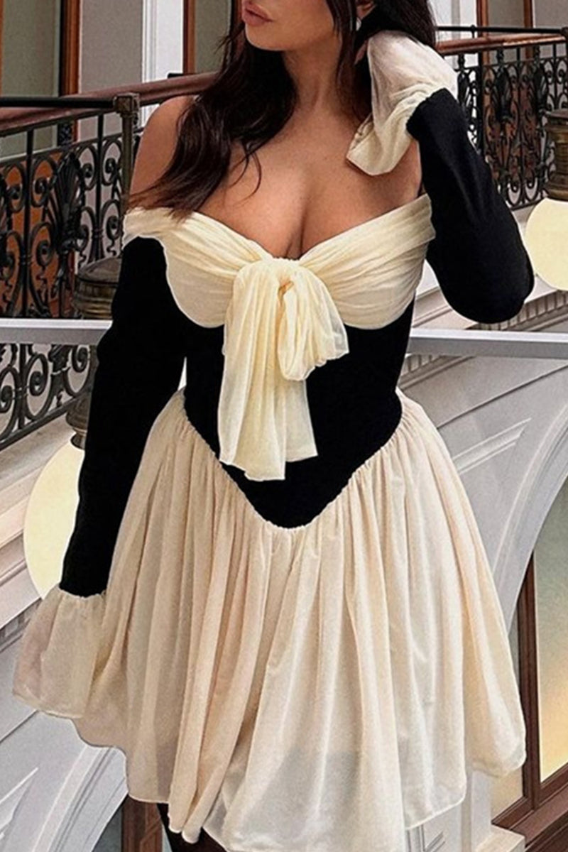 Sexy Backless Contrast Off Shoulder Waist Skirt Dresses - Fashionpara