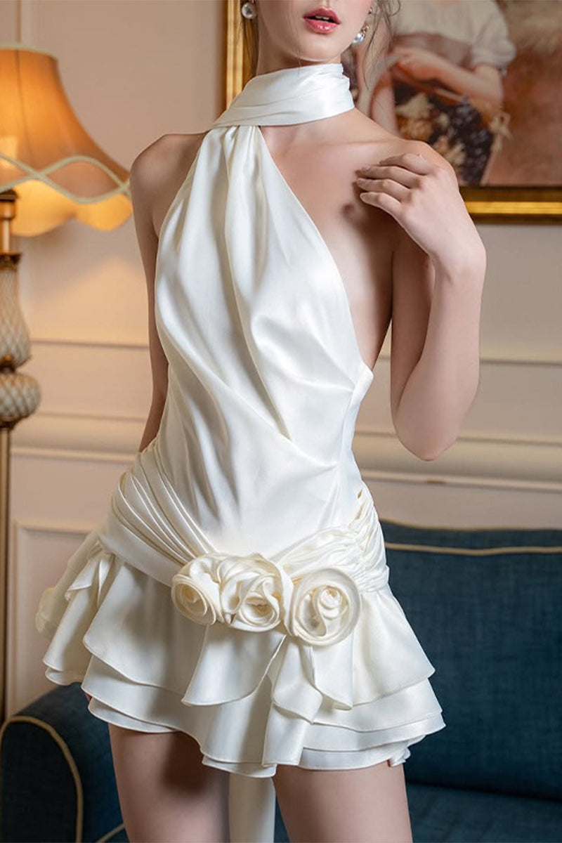 Sexy Backless Flounce Flower Shape Halter A Line Dresses - Fashionpara