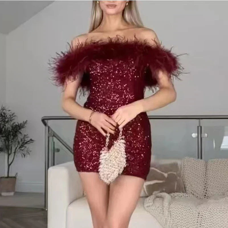 Sequin Off-Shoulder Feather-Trim Bodycon Mini Dress 6