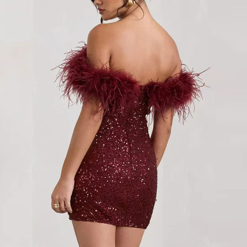 Sequin Off-Shoulder Feather-Trim Bodycon Mini Dress 2
