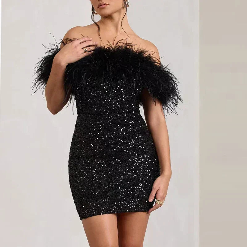 Sequin Off-Shoulder Feather-Trim Bodycon Mini Dress 5