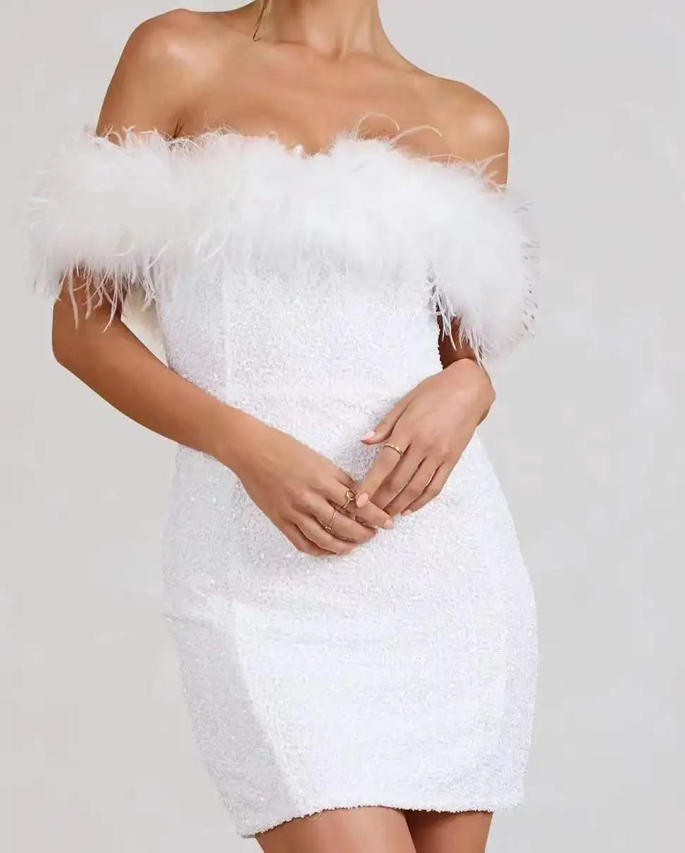 Sequin Off-Shoulder Feather-Trim Bodycon Mini Dress 3