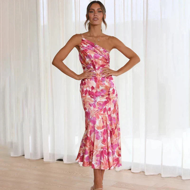 Floral One Shoulder Satin Midi Dress 4
