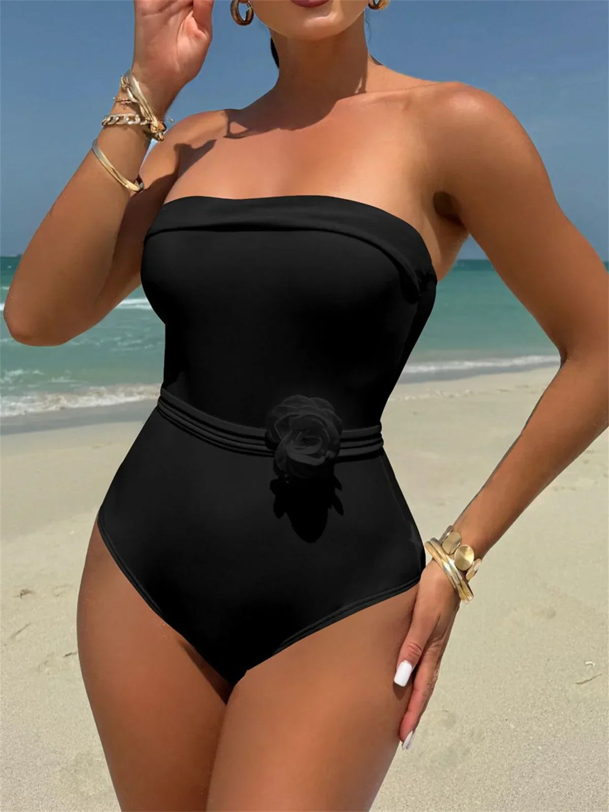 White Black 3D Flower One Piece Swimsuit