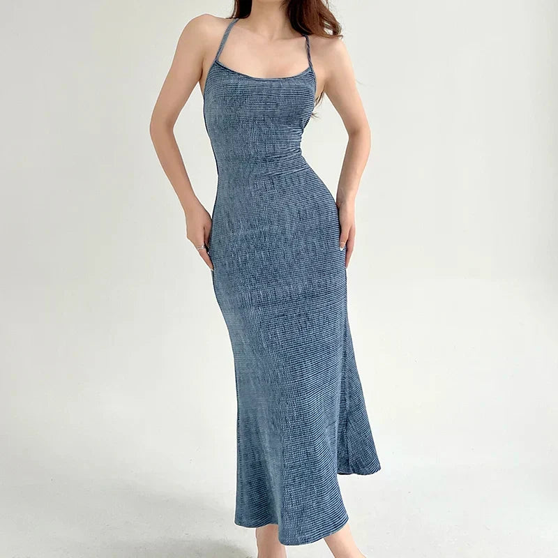Washed Knit Scoop Neck Strappy Back Maxi Dress