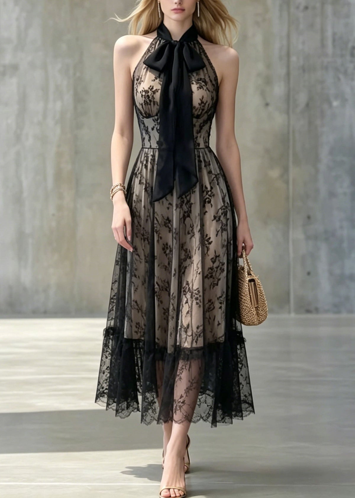 Floral Lace Halter Neck Bow Detail Ruffled Sheer Hem A-Line Midi Dress - View 3