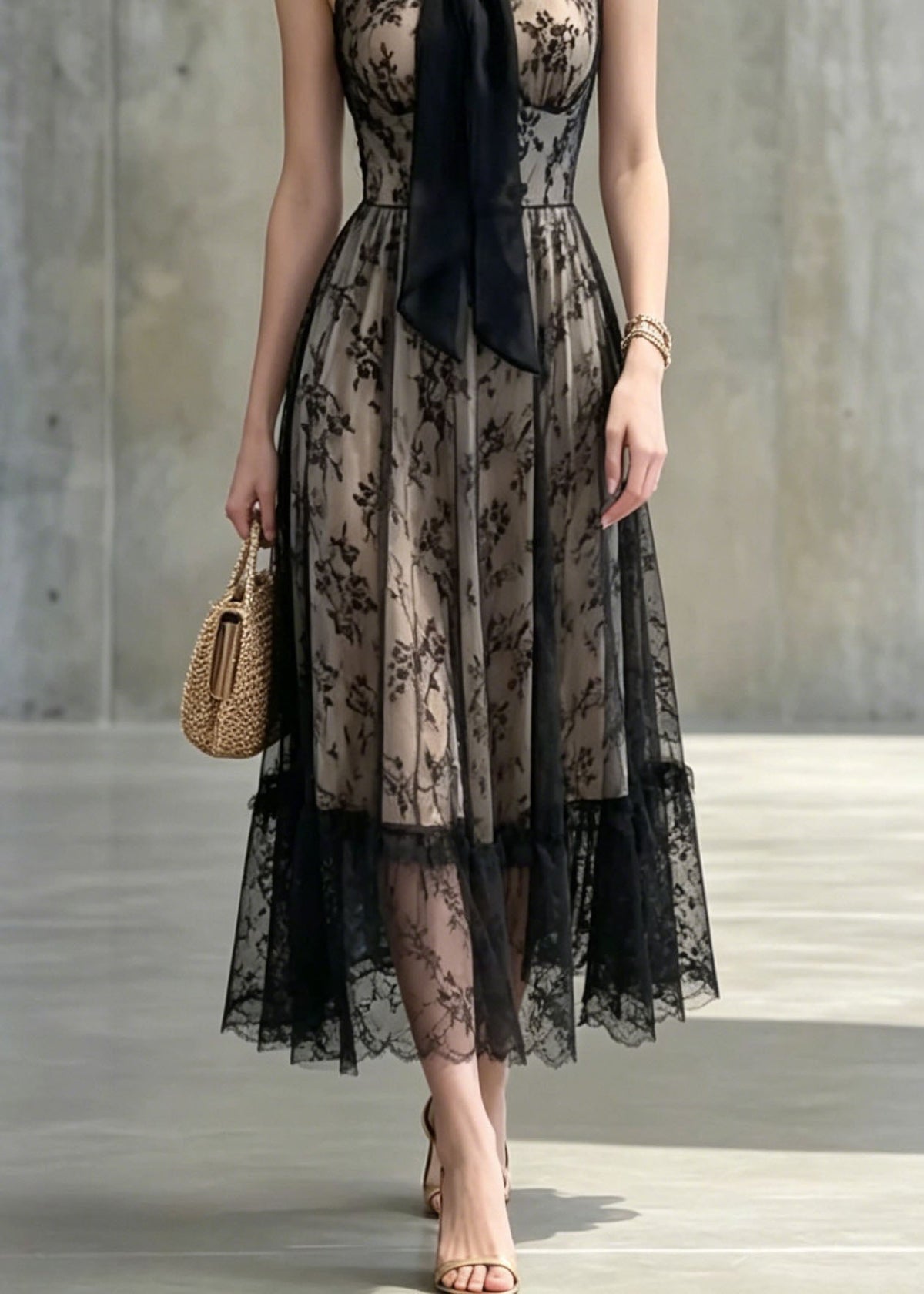 Floral Lace Halter Neck Bow Detail Ruffled Sheer Hem A-Line Midi Dress - View 4