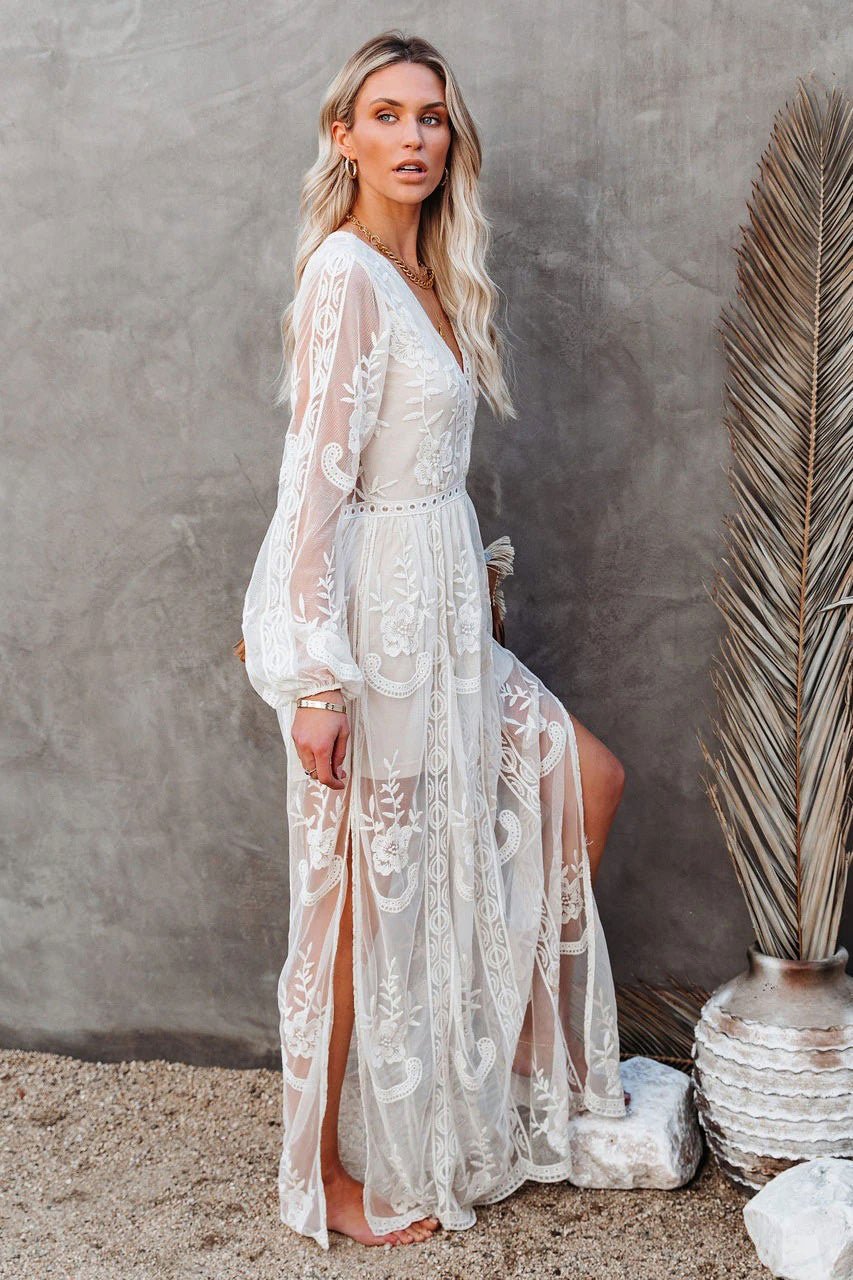 Embroidered Lace Plunge V-Neck Long Sleeve Maxi Dress