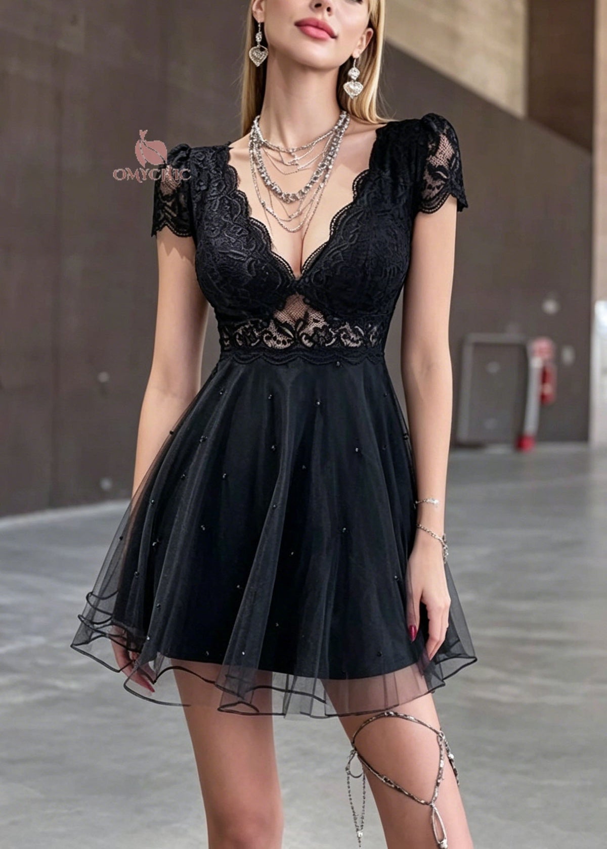 Sexy Black V Neck Lace Patchwork Tulle Mini Dress Summer